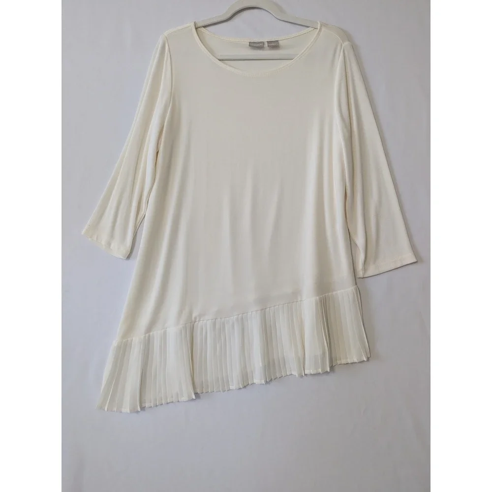 Chico's Travelers Tunic Top Womens 2 L Cream Pleated Asymmetrical Hem Minimalist - Picture 2 of 8